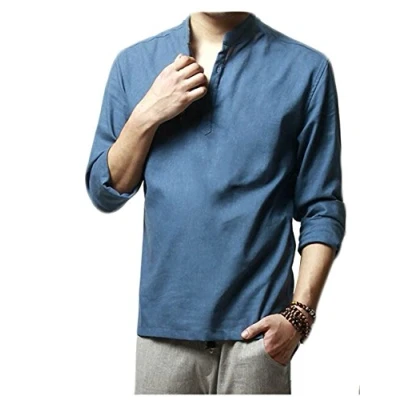 Afbeelding van Hoerev Merk Mannen Casual Lange Mouw Linnen Shirts Strand Henley Top Shirts, Blauw, XL