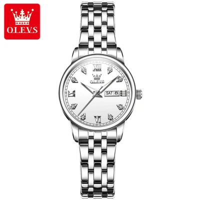 Afbeelding van HO 5525L.z : Olevs basic zilverkleurig edelstaal dames horloge, witte wijzerplaat, weekdag &amp; datum