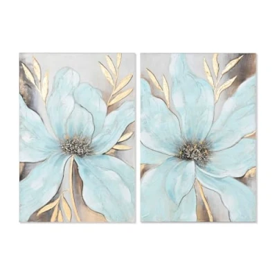Afbeelding van Schilderij Home ESPRIT Blauw Gouden Canvas Hout MDF Bloem Shabby Chic 60 x 3 90 cm (2 Stuks)
