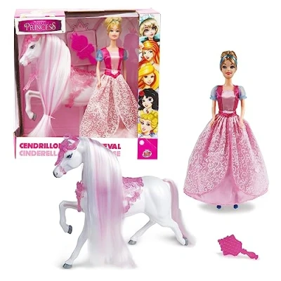 Afbeelding van FAIRYTALE PRINCESS, GIOCHI PREZIOSI, FAT021 Pop 30 cm, met prinsessenoutfit, paard en accessoires, model Assepoester, speelgoed voor kinderen vanaf 3 jaar,