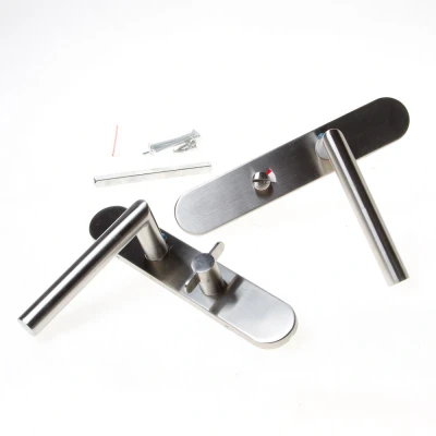 Afbeelding van Deurklink Hoek 90 graden op schild WC slot 63mm links geborsteld RVS