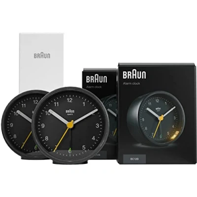 Afbeelding van Braun Klassieke zwarte analoge wekker, thuisgeschenkbundel met sluimeren en licht, stil kwartsuurwerk, Crescendo piepwekker in zwart, model BC12B (2 stuks)