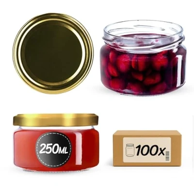 Afbeelding van KADAX Inmaakpotten, 250 ml, jampotten met twist off deksel, fi82, dessertpotten, luchtdicht en vaatwasmachinebestendig, dikwandig glas, keuze aan schroefsluitingen (goud)