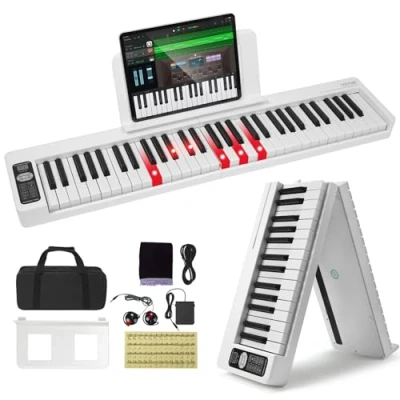 Afbeelding van VEVOR Inklapbaar pianotoetsenbord, 61 toetsen, Bluetooth en midi, elektronisch, digitaal, draagbaar, met sustain pedaal, verlichte oplaadbaar, voor beginners, jongeren volwassenen, wit
