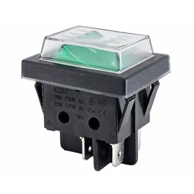 Afbeelding van Tuimelschakelaar met waterdichte afdekking 2 polig (4pin) 16A 250VAC 30x22mm groene wip verlicht