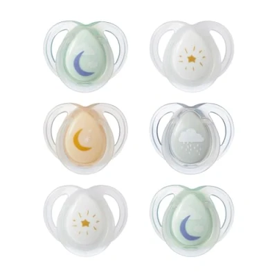 Afbeelding van Tommee Tippee Nachtfopspenen, symmetrisch orthodontisch ontwerp, BPA vrije siliconen tas, 0 6m, verpakking van 6 dummies