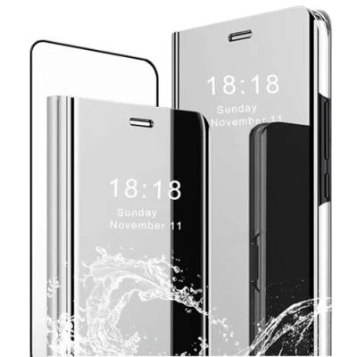 Afbeelding van MLOTECH Hoes voor Huawei P30 Lite telefoonhoes + gehard glas beschermfolie flip doorschijnend View Miroir spiegel stafunctie Smart Cover zilver
