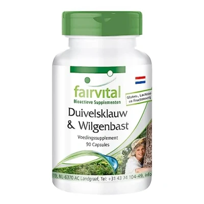 Afbeelding van Fairvital Duivelsklauw en wilgenschors capsules HOOG GEDOSEERD gestandaardiseerd op 1,2% harpagosiden 15% salicine VEGAN Harpagophytum procumbens &amp; Salix alba extract 90