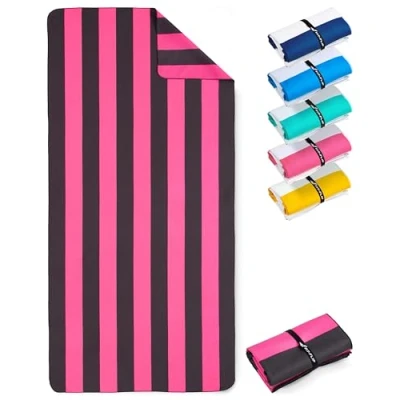 Afbeelding van Stranddeken XXL microvezel strandhanddoek groot, licht en sneldrogend 100% gerecyclede handdoek Strandlaken Pink Donkergrijs gestreept 200cmx90cm