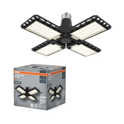 Afbeelding van OSRAM Highbay Blade plafondlamp in zwart, kunststof, met verstelbare lichtbladen, biedt 23 W of 2350 lm neutraal wit 4000 K, E27 schroefdraad, 231 mm diameter, IP20