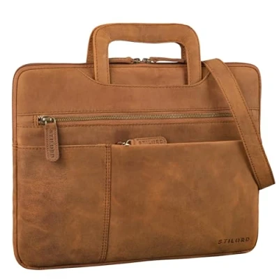 Afbeelding van STILORD &#039;Cole&#039; Vintage Laptoptas 14 Inch Leren Heren Slank Laptophoes Echt Lederen Document Etui voor Laptop Werk Zakenreizen, Kleur:tan donker bruin