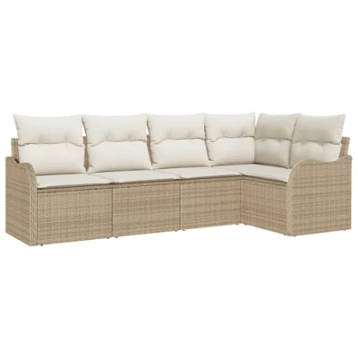 Afbeelding van vidaXL 5 Delige Tuin Sofa Set met Kussens Beige Poly Rattan, 2 Zits Opbergruimte &amp; Rattan