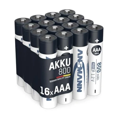 Afbeelding van ANSMANN Accu AAA Micro 800mAh 1,2V NiMH 16 stuks voor apparaten met hoog stroomverbruik oplaadbare batterijen maxE speelgoed zaklamp hoofdlamp enz.