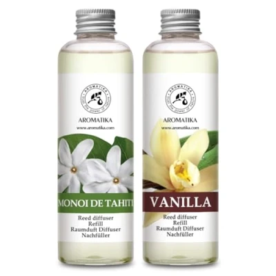 Afbeelding van geurverspreider Navulling Monoï de Tahiti &amp; Vanille 400ml 2x200ml Navulset voor Reed Diffuser Kamergeur Kamerlucht