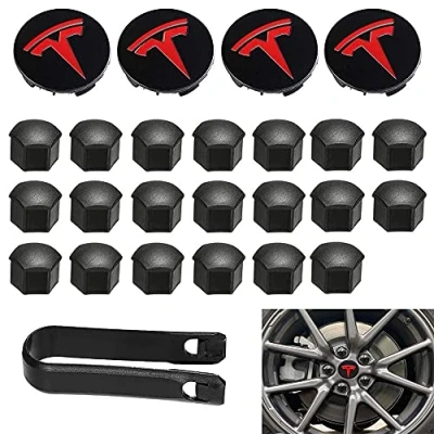 Afbeelding van Aero wieldopset, wielwielwielmoerafdekkingen, model 3 wieldopkit met Tesla logo, naafafdekking, moer, afdekkappen voor 3, Y (rood)