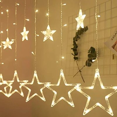 Afbeelding van Led lichtgordijn, kerstverlichting, 2,5 m, 12 sterren, 108 leds, aangedreven door batterij (niet inbegrepen), veiligheidsdecoratie, lichtketting, voor Kerstmis, thuisfeest, warm wit