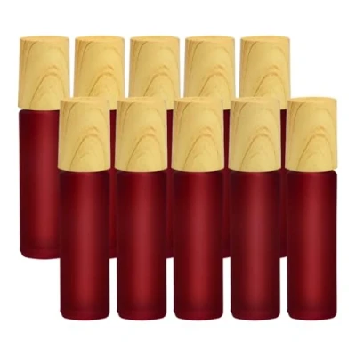 Afbeelding van Frosted glazen etherische olie roller flessen, 10 stuks rode matglazen flessen met houtnerf dop &amp; roestvrij stalen ballen olie, ml lege parfumflessen (rood)