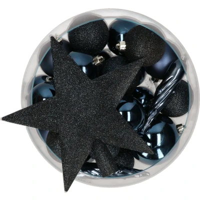 Afbeelding van Bellatio Decorations set 33x stuks kunststof kerstballen met ster piek donkerblauw Kerstbal