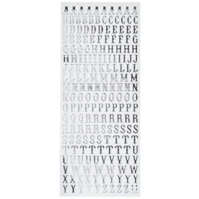 Afbeelding van Anitas Outline Stickers, traditioneel alfabet, zilver op wit, voor scrapbooking, kaarten maken, kinderspel, huiswerk, kunst, ambacht, verfraaien, decoratief, papier, kaart, glas, metaal, kunststof,
