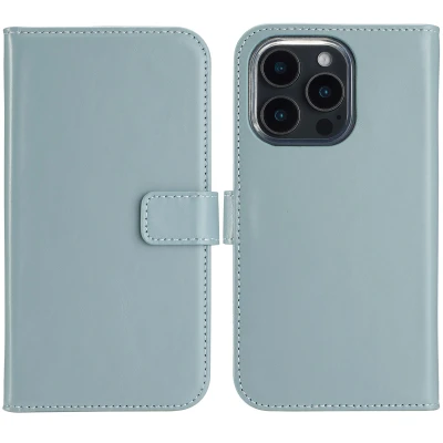Afbeelding van Apple iPhone 16 Pro Max Hoesje Echt leder Selencia Bookcase Lichtblauw Telefoonhoesje
