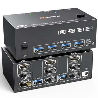 Afbeelding van USB 3.0 KVM schakelaar 3 monitoren 2 computers 8K bij 60 Hz 4K 144 Hz, HDMI+2 Displayport Drievoudige monitor voor delen en 4 apparaten