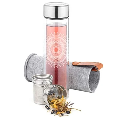 Afbeelding van Navaris glazen theefles met filter 500 ml Waterfles van glas Dubbelwandige drinkfles Fles dop, thee infuser en hoes Indian Sun