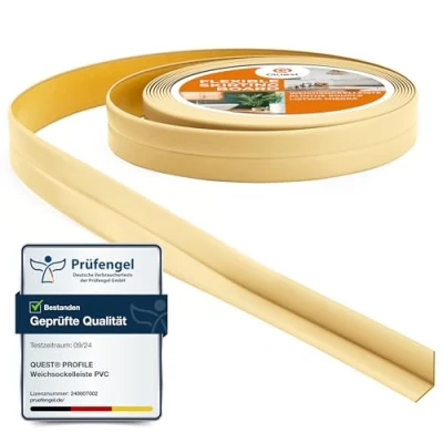 Afbeelding van Quest Zachte plint, zelfklevend, knikstrip, eindlijst voor keuken en badkamer, afdichtingstape, pvc, flexibel, dicht, decoratief, 10 mm x mm, 5 meter, crème
