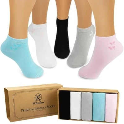 Afbeelding van Klenton Dames bamboe enkelsokken, Womens Trainers sokken, Comfort Cuff sokken met gladde teennaden en planeet vriendelijke verpakking, pak van 5, maat 4 7, Zwart, Grijs, Blauw, Roze,