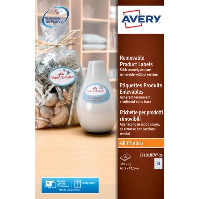 Afbeelding van Etiket Avery L7101REV 20 63.5x42.3mm afneembaar mat wit 360stuks