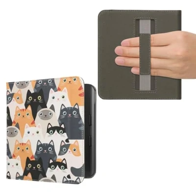 Afbeelding van kwmobile E reader hoesje geschikt voor Kobo Libra Colour hoes flip case met magneetsluiting Ereader cover Katten design in oranje / zwart wit