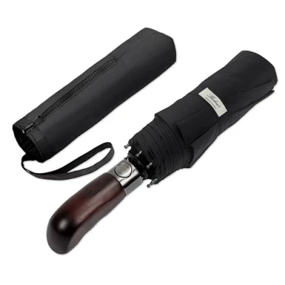 Afbeelding van Balios® Paraplu met echt houten handvat Optioneel automatisch openen Stormvast &amp; windbestendig Zakparaplu voor heren en dames zwart (Ontworpen in GB)