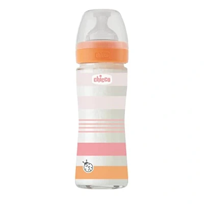 Afbeelding van CHICCO Fysio Drinkfles met zachte siliconen en Sense afwerking, anti goud, vermindert regeneratie prikkelbaarheid, glazen fles 240 ml, 0 maanden+, meisjes