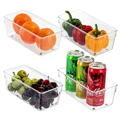 Afbeelding van Kurtzy 4 Pak Keuken Koelkast &amp; Kast Opslag Trays 20cm in Lengte Helder Plastic Trommels Badkamer, Berging, Lade, Diepvries en Huis Organiser Containers