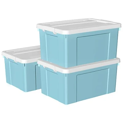 Afbeelding van Cetomo 65L*3 Plastic Opbergdoos, Draagdoos, Organiserende Container met Duurzaam Deksel en Veilige Sluitende Gespen, Stapelbaar Nestbaar, 3Pack, Blauw Gesp