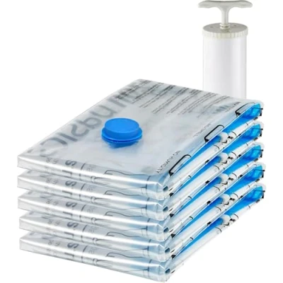 Afbeelding van Amazon Basics Vacuümzakken voor kleding met luchtdicht ventiel en handpomp middelgroot, 5 pack, ritssluiting, doorzichtig