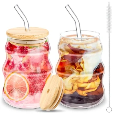 Afbeelding van BUOAZR Set van 2 ijskoffiebekers, 530 ml gegolfde glazen bekers, geribbeld drinkglas met bamboe deksel, sapglazen rietje en borstel, voor bier, melk, water, sap, koffie