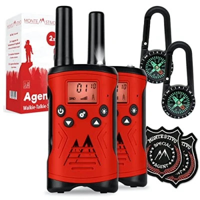 Afbeelding van Monte Stivo Walkie Talkies Kinderradio&#039;s 8 Delige set incl. Kompas &amp; politiebadge Met Draagriem Afneembare Bevestigingsclips Afluisterbeveiliging Batterijduur: 3 X 1,5 V AAA Rood