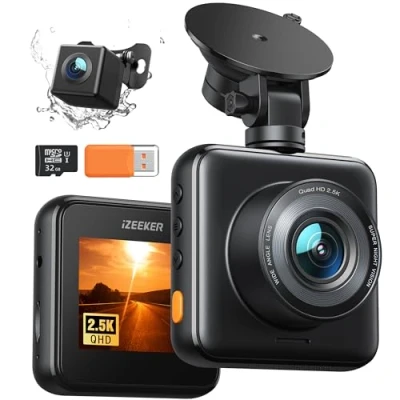 Afbeelding van iZEEKER 2.5K Dash Cam voor en achter met SD kaart, 1440P autocamera dashboard, dubbele dashcam auto&#039;s 170 groothoek, G sensor, nachtzicht, 24H parkeermonitorondersteuning, WDR