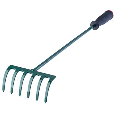 Afbeelding van KADAX Hark, kleine hark met steel, bladbezem van metaal, bladhark voor tuin, bloembed, gazonhark, tuingereedschap, hooikoork, tuinhark, groen (60 cm, 6 tanden)