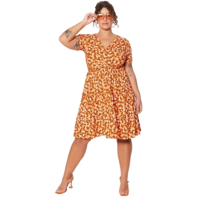 Afbeelding van Trendyol Oranje Skater V Hals Bloemenpatroon Gebreide Plus Size Jurk Tbbss22El1638