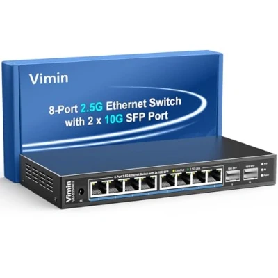 Afbeelding van 10 poorts 2,5G onbeheerde netwerkswitch, 8 x 2,5 Gbase T Ethernet poorten, 2 10G SFP+, 120 Gbps switching capaciteit, metalen behuizing, 19 inch rack montage, geschikt voor NAS, draadloze