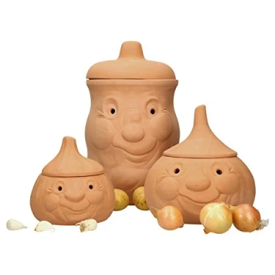 Afbeelding van MamboCat Terracotta voorraadpottenset, aardappelen, uien, knoflook, pannenset met deksel, opslag, knoflookhouder, aardappelpot, uienpot, knoflookpannenset