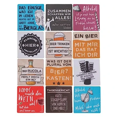 Afbeelding van Set van 12 glazen onderzetters met kurkbodem en grappige slogans, kurk drankjes 9,5 x cm
