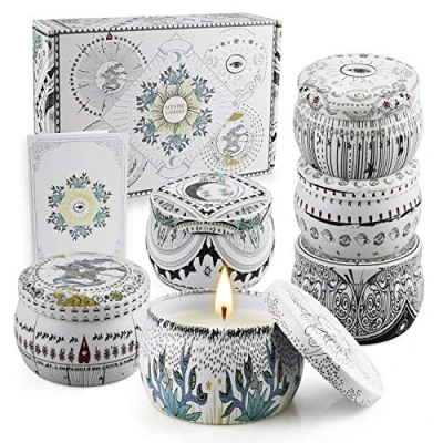 Afbeelding van Tarot geurkaarsen Gift Set van 6 stuks, aromatherapie kaarsen blikjes, 180 blijvende uren, soja wax kaars cadeau voor vrouwen, stressverlichting, verjaardag, bad, reizen, Moederdag, Valentijnsdag, Kerstmis