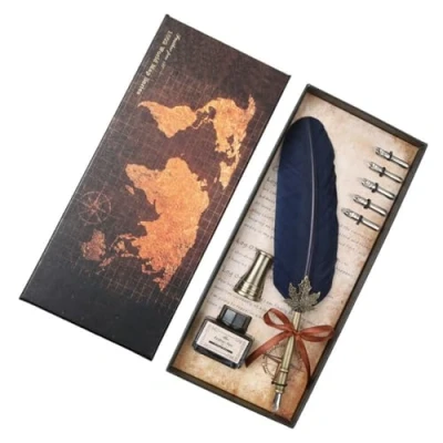 Afbeelding van Veer Quill Pen Vintage Dip Inkt Set Koperen Stam Schrijven Kalligrafie Als Kerst Verjaardagscadeau (Marineblauw)