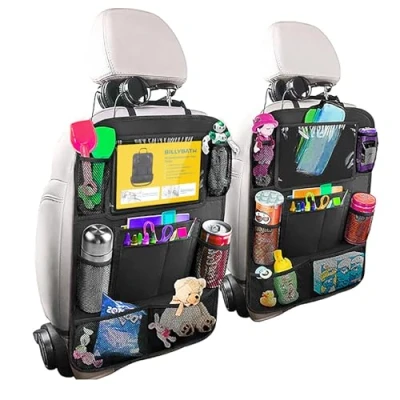 Afbeelding van BillyBath Set van 2 rugleuningbeschermers voor kinderen met 25,5 cm iPad/tabletzak, 600d Oxford stof, waterdichte autostoelrugleuning, organizer, autostoelbeschermer, rugleuning, zwart