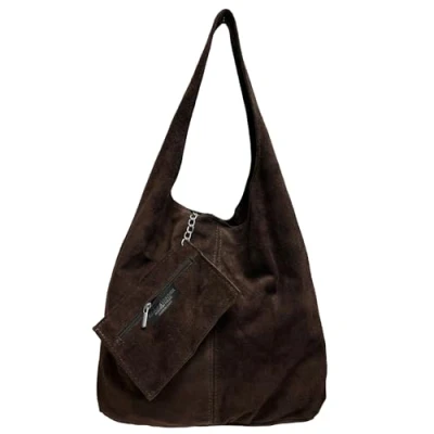 Afbeelding van Modarno schoudertas voor dames, suède, clutch, shopper, in echt leer, Donker bruin