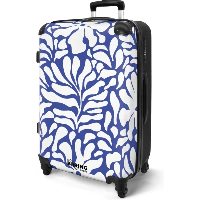 Afbeelding van NoBoringSuitcases.com® Koffer groot Rolkoffer lichtgewicht Blauw met witte bloemen Reiskoffer 4 wielen Grote trolley XL 20 kg bagage