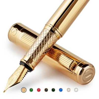 Afbeelding van Scriveiner Schmidt vulpen gouden edel met 24 karaat afwerking, 18 vergulde veer (middel), beste cadeau voor heren en dames, managers, leidinggevenden