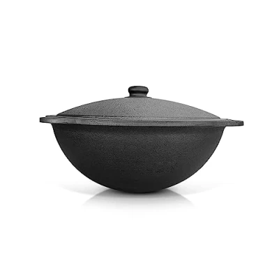 Afbeelding van ZARENHOFF Gietijzeren kazan met deksel van gegoten aluminium, ronde bodem, Oezbeekse pan, wok, kazan, campingpot, vuuroven, BBQ Dutch Oven, goulashkanon, stoofpan (10 liter)